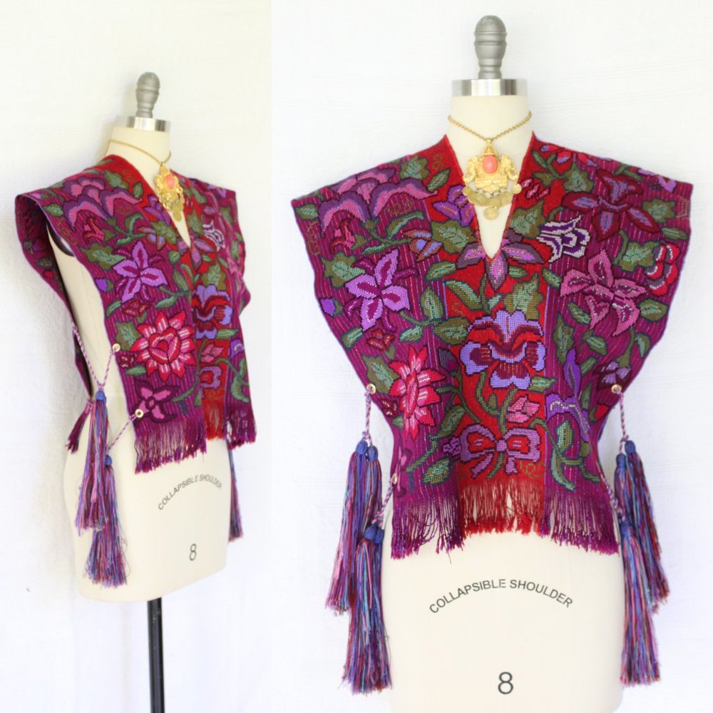 SOLD Vintage Needlepont tassel fringe woven ethnic floal aztec vest poncho - Picture 1 of 10
